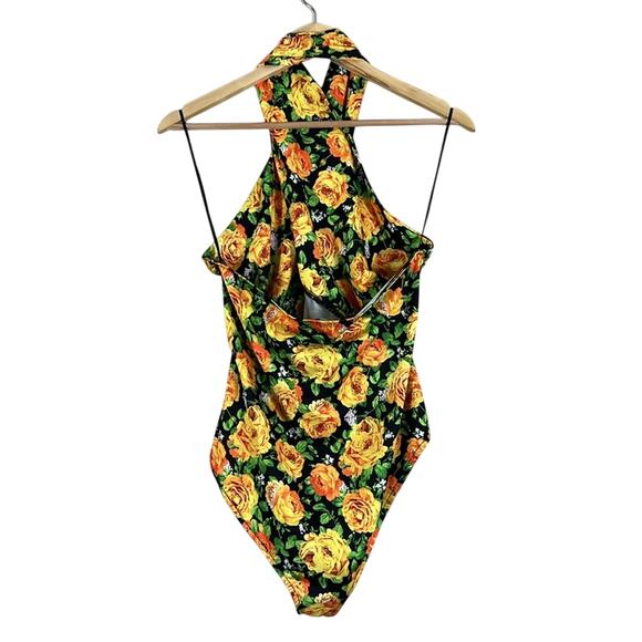 NWT Zara Bodysuit Womens L Yellow Floral Halter Neck Backless Boho Feminine - Picture 7 of 8